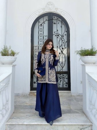 Party Wear Blue Rangoli Silk Plazzo Suit Set