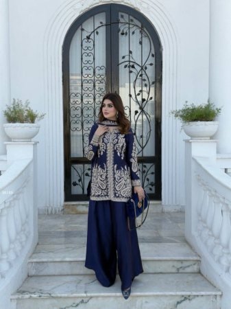 Party Wear Blue Rangoli Silk Plazzo Suit Set