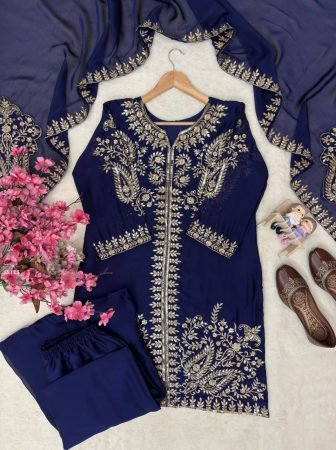 Party Wear Blue Rangoli Silk Plazzo Suit Set