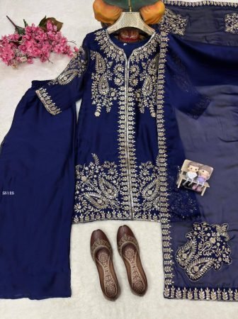Party Wear Blue Rangoli Silk Plazzo Suit Set