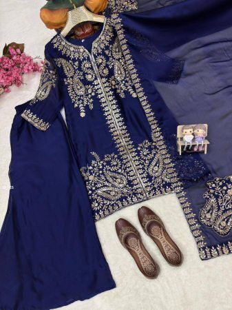 Party Wear Blue Rangoli Silk Plazzo Suit Set