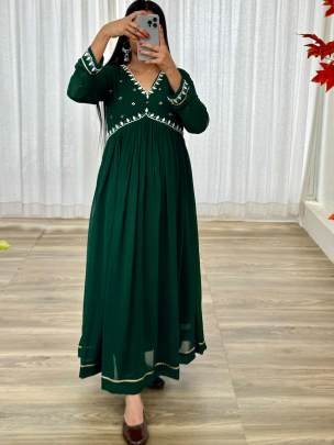 Party Wear Bottle Green Georgette Gown Pant With Dupatta