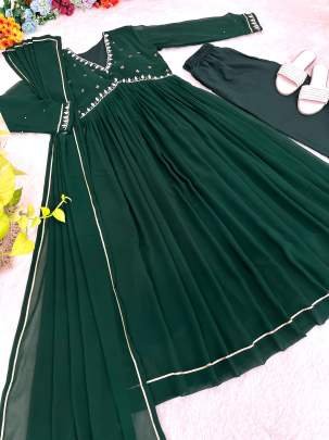 Party Wear Bottle Green Georgette Gown Pant With Dupatta
