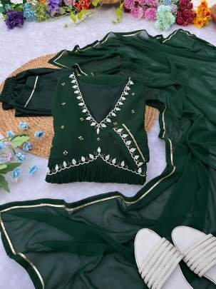 Party Wear Bottle Green Georgette Gown Pant With Dupatta