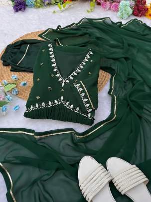 Party Wear Bottle Green Georgette Gown Pant With Dupatta