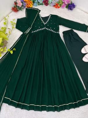 Party Wear Bottle Green Georgette Gown Pant With Dupatta