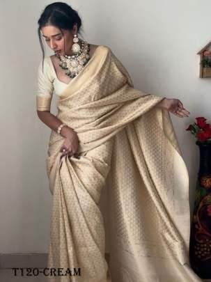 Party Wear Cream Ready To Wear Soft Lichi Silk Saree
