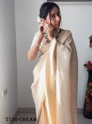 Party Wear Cream Ready To Wear Soft Lichi Silk Saree