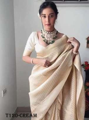 Party Wear Cream Ready To Wear Soft Lichi Silk Saree