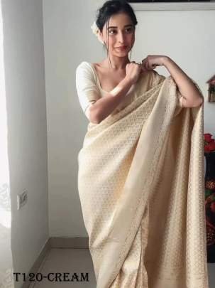 Party Wear Cream Ready To Wear Soft Lichi Silk Saree
