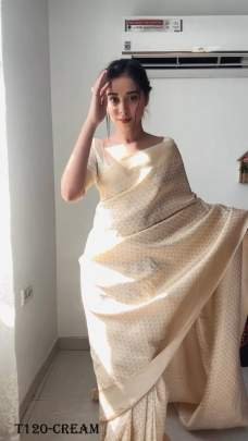 Party Wear Cream Ready To Wear Soft Lichi Silk Saree