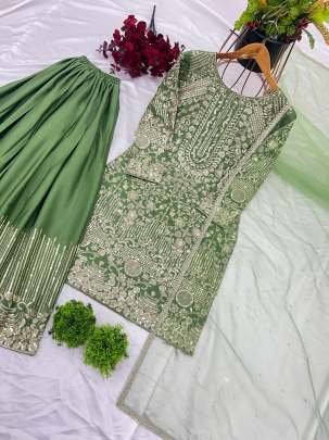 Party Wear Embroidery Sequence Work Palazzo Suit