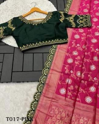 Party Wear Embroidery Work Pink Saree With Golden Border