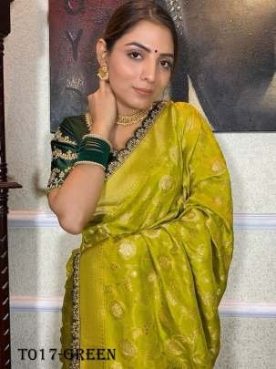 Party wear Embroidery Work Green Saree With Golden Border  