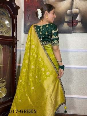 Party wear Embroidery Work Green Saree With Golden Border
