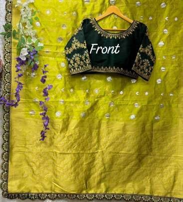Party wear Embroidery Work Green Saree With Golden Border