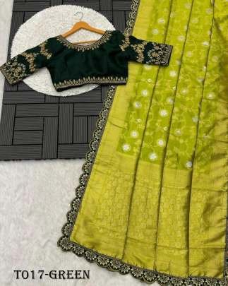 Party wear Embroidery Work Green Saree With Golden Border