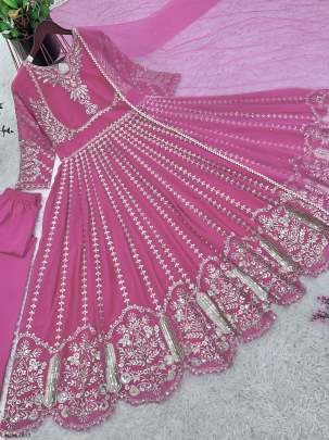 Party Wear Full Heavy Embroidery Pink Gown Pant Dupatta Set