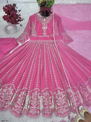 Party Wear Full Heavy Embroidery Pink Gown Pant Dupatta Set