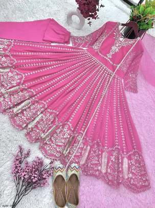 Party Wear Full Heavy Embroidery Pink Gown Pant Dupatta Set