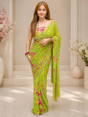 Party Wear Georgette Fabric Green Colour Saree