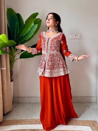 Party Wear Georgette Kurti Palazzo And Embroidered Dupatta