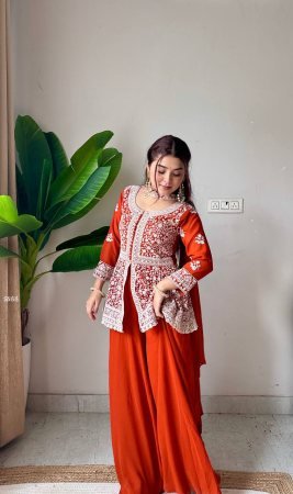 Party Wear Georgette Kurti Palazzo And Embroidered Dupatta