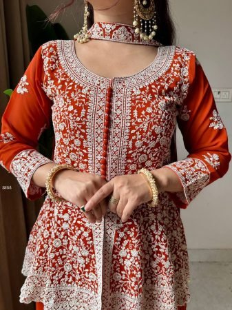 Party Wear Georgette Kurti Palazzo And Embroidered Dupatta
