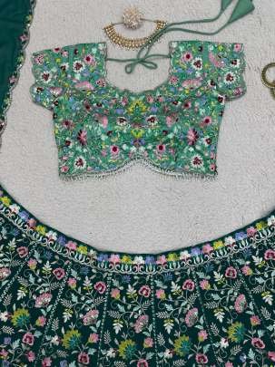 Party Wear Gorgette Green Lehenga Choli With Sequnce Work