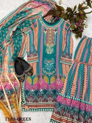 Party Wear Green Pure Muslin Sharara Suit