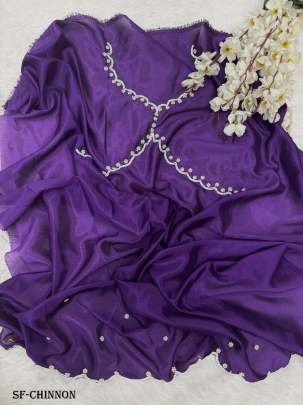 Party Wear Handwork Soft Chinon Silk Saree With Unstitch Blouse