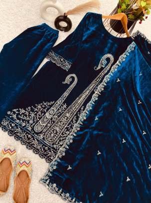 Party Wear Heavy Embroidery Sequence Work Viscose Velvet Suits