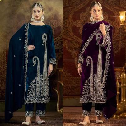Party Wear Heavy Embroidery Sequence Work Viscose Velvet Suits