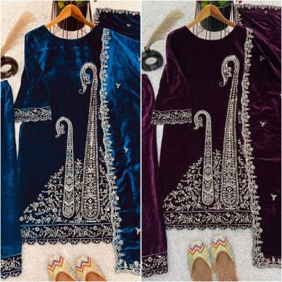 Party Wear Heavy Embroidery Sequence Work Viscose Velvet Suits