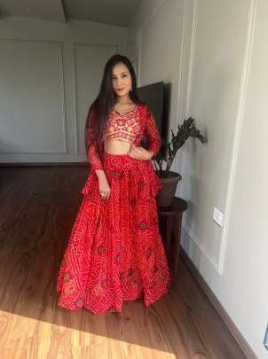 Party Wear Heavy Embroidery Work Pure Bandhej Lehenga Choli With Jacket