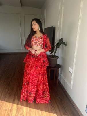 Party Wear Heavy Embroidery Work Pure Bandhej Lehenga Choli With Jacket