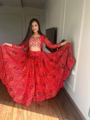 Party Wear Heavy Embroidery Work Pure Bandhej Lehenga Choli With Jacket