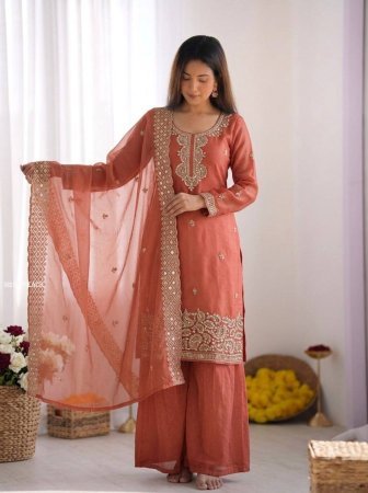Party Wear Jimmy Choo Silk Embroidered Peach Palazzo Suit