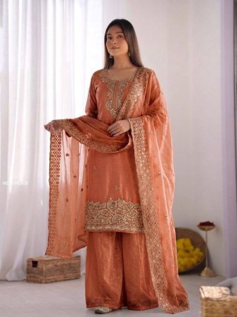 Party Wear Jimmy Choo Silk Embroidered Peach Palazzo Suit