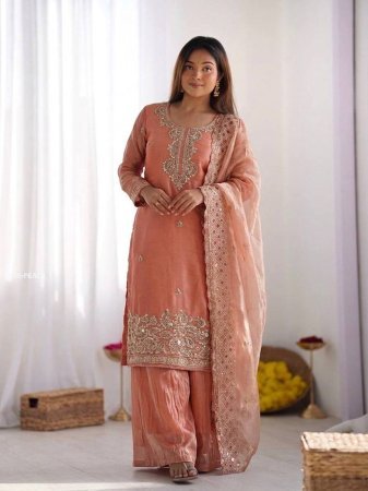 Party Wear Jimmy Choo Silk Embroidered Peach Palazzo Suit