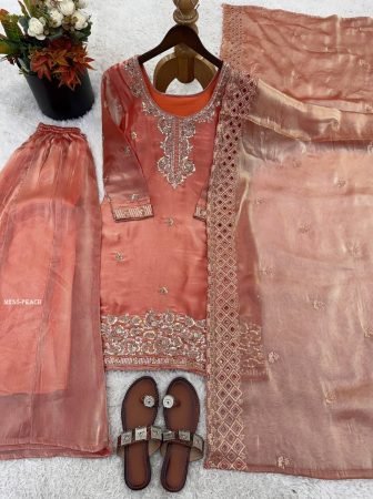 Party Wear Jimmy Choo Silk Embroidered Peach Palazzo Suit