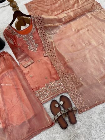 Party Wear Jimmy Choo Silk Embroidered Peach Palazzo Suit