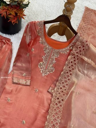 Party Wear Jimmy Choo Silk Embroidered Peach Palazzo Suit