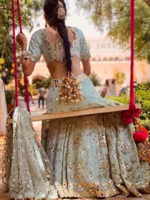 Party Wear Mulberry Silk Sky Lehenga Choli