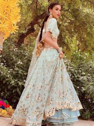 Party Wear Mulberry Silk Sky Lehenga Choli