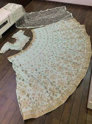 Party Wear Mulberry Silk Sky Lehenga Choli