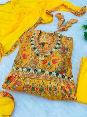 Party Wear Muslin Cotton Yellow Gown Digital Printed