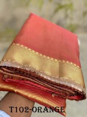 Party Wear Orange Glass Tissue Silk Saree