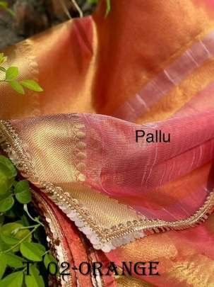 Party Wear Orange Glass Tissue Silk Saree