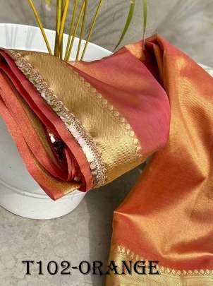 Party Wear Orange Glass Tissue Silk Saree